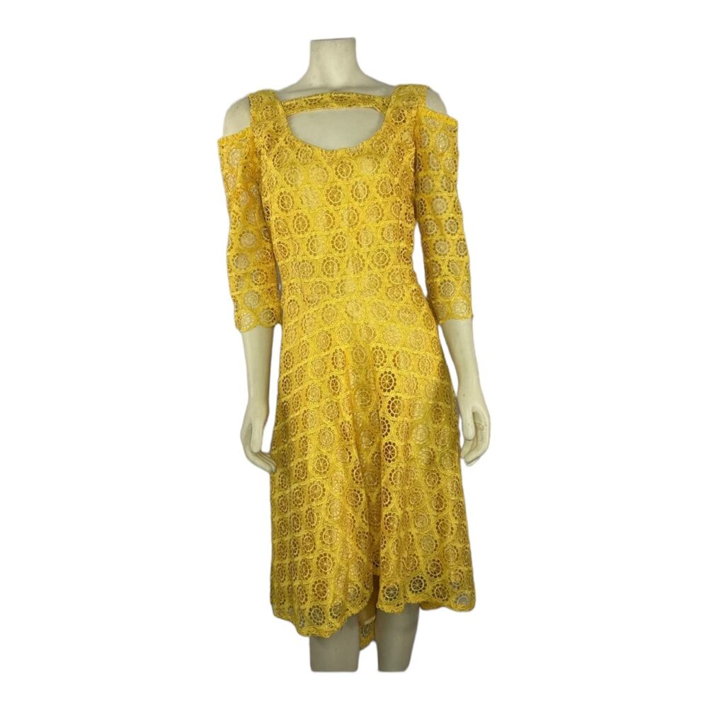 Beautiful Yellow Crocheted high low cold shoulder key hole dress size large